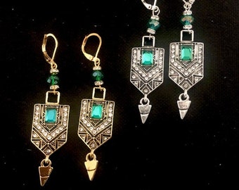 Green and gold art deco earrings, Vintage jewelry