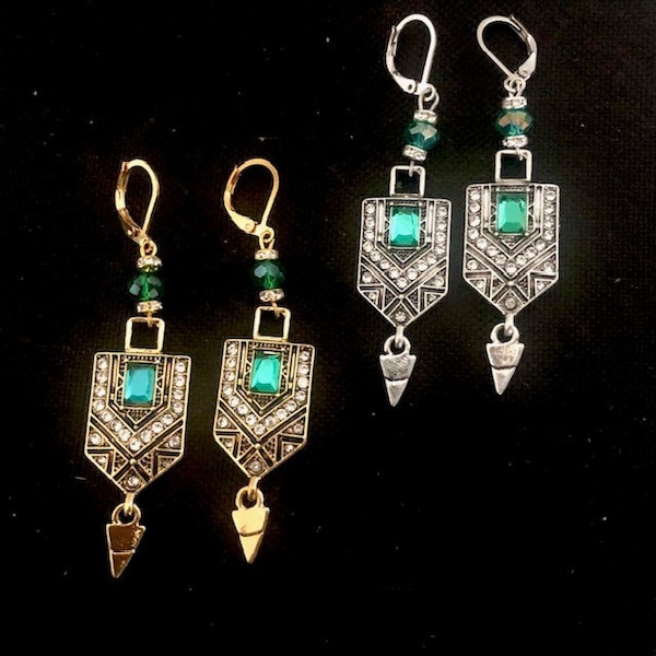 Pendientes art déco verdes y dorados, Joyería vintage