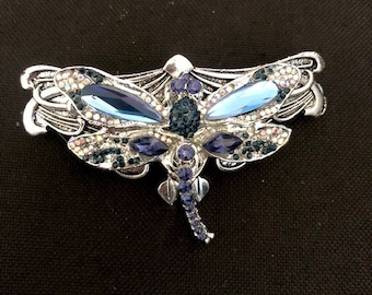 Art Nouveau hair barrette with blue dragonfly