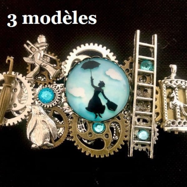 Steampunk hairclip "Mary Poppins" with metal cogs, charms and Swarovski rhinestones