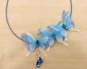 Silk and crystal butterfly necklace on wire choker