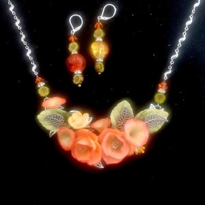 Orange and khaki bouquet set in cold porcelain, floral necklace, flower jewelry