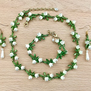 Lily of the valley set, green and white floral jewelry, lily of the valley bouquet necklace and earrings, spring flower jewelry