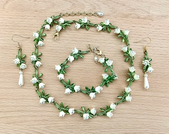 Maiglöckchen-Set, grün-weißer Blumenschmuck, Maiglöckchen-Bouquet-Halskette und Ohrringe, Frühlingsblumenschmuck