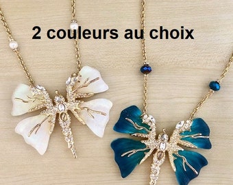 Superbe collier papillon blanc et or, chaine acier inoxydable