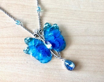 Art Nouveau necklace with blue silk butterfly and Swarovski crystal