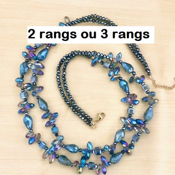 Collier en perles et gouttes de cristal, 2 ou 3 rangs, collier cristal bleu