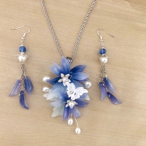 Colgante grande de flor azul, collar floral, joyería de flores