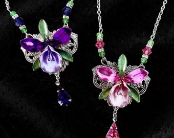 Orchidee (Phalaopsis) hanger van emaille, bloemenketting, bloemensieraden