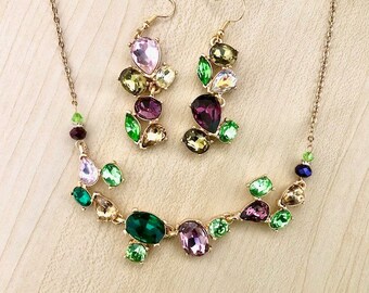 Parure en cristal violet, rose et vert, collier et boucles cristal