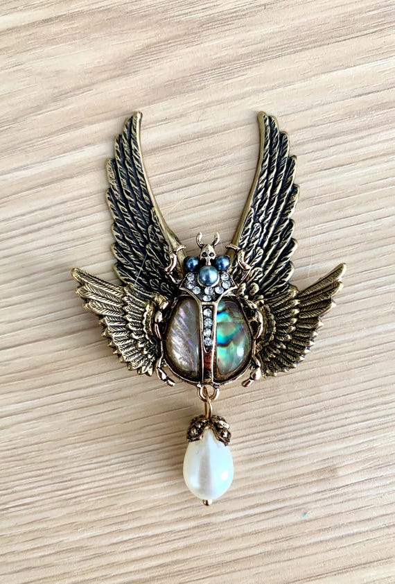 Broche Ancienne Art Déco Egyptian Revival Années 1920-30 - Bronze, émail, Verre - Travail Français - Occasion 'dans Son Jus'