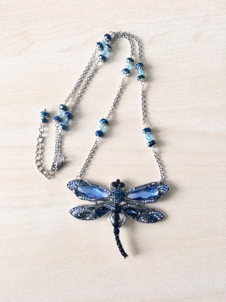Blue Art Nouveau Dragonfly Necklace Stainless Steel Chain - Etsy