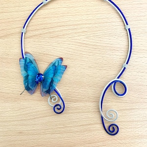 Aluminum wire choker with silk butterfly and blue crystal