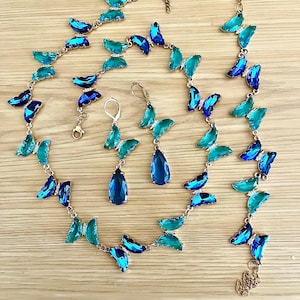 Juntos o por separado, joyas de mariposa de cristal azul y dorado, engastadas con pulsera
