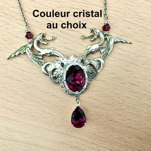 Gothic dragon necklace with silver griffins and amethyst Swarovski crystal cabochons