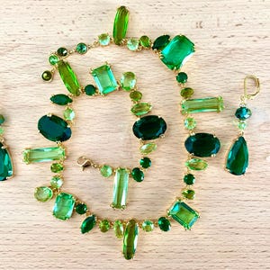 Green Crystal Set, Choker Necklace and Drop Earrings, Green and Gold Jewelry