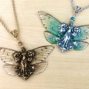 Art nouveau nymph necklace, transparent green, brown or blue fairy wings