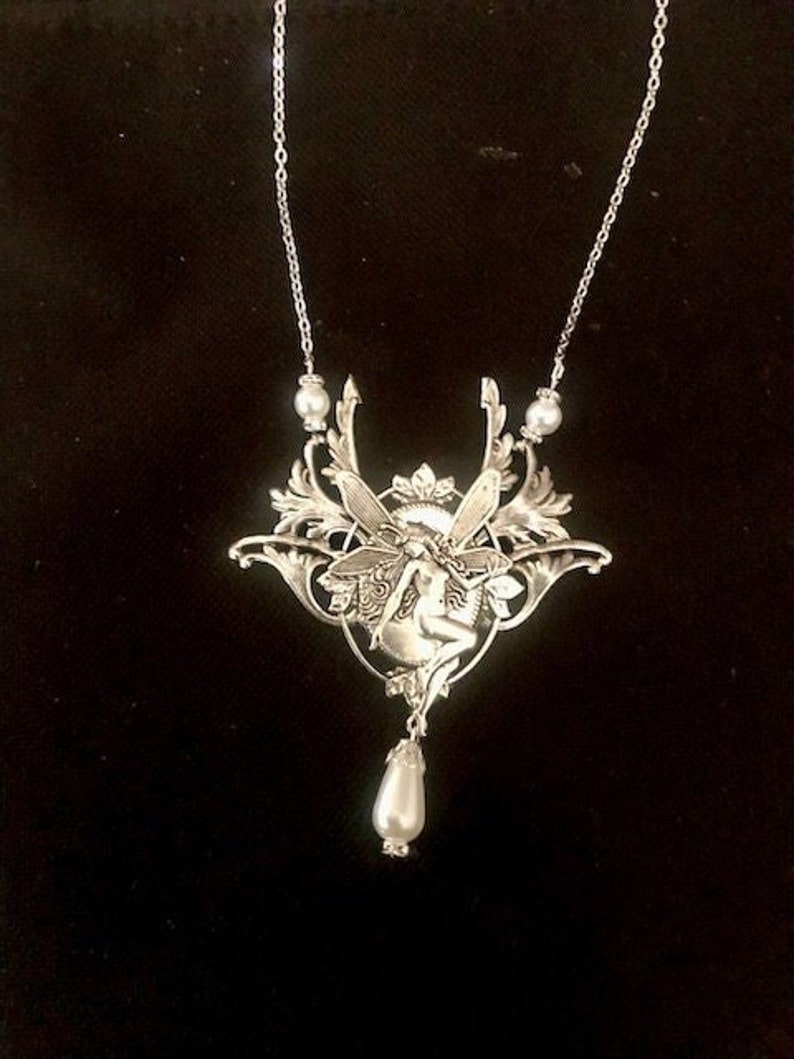 Silver art nouveau necklace, art nouveau elf, necklace with fairy image 1