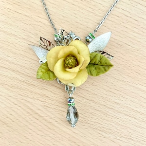 Cold porcelain and crystal flower necklace, ivory and green, floral necklace