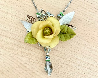 Cold porcelain and crystal flower necklace, ivory and green, floral necklace