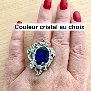 Art Nouveau silver calla ring with blue crystal cabochon