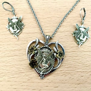 Heart-shaped set with art nouveau elf, fairy pendant, elven necklace