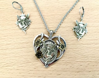 Set a forma di cuore con elfo in stile art nouveau, ciondolo fata, collana elfica