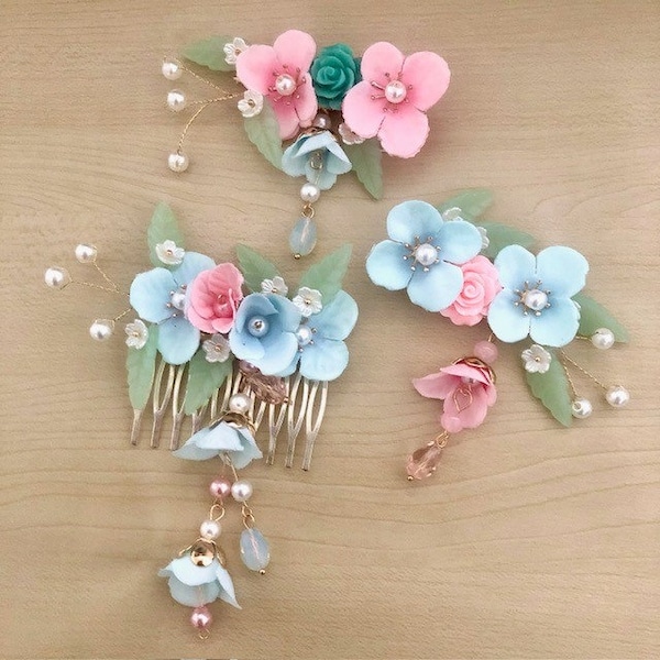 Lot de 3 pièces, 2 barrettes crocodile et 1 peigne décorés fleurs, accessoires mariage