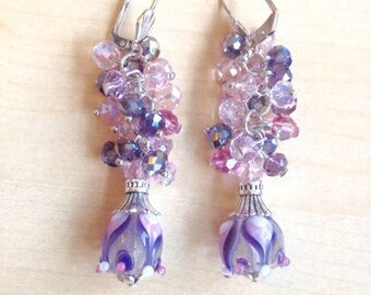 Earrings crystal violet and pink clusters