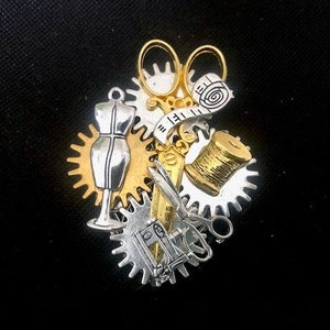 Steampunk brooch Seamstress with scissors, sewing mannequin, seamstress charms