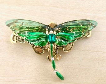 Green art nouveau Dragonfly hair barrette with enamel dragonfly, transparent wings