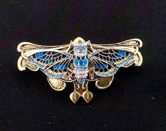 Art Nouveau hair barrette with enameled cicada