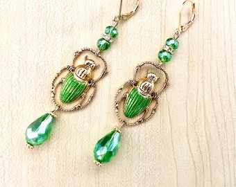 Green and gold scarab earrings, with crystal, stainless steel sleepers