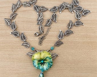 Blue-green floral necklace, cold porcelain pansy and silver leaves, blue-green crystal