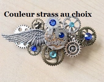 Barrette à cheveux steampunk, mécanisme de montre, aile d'ange, rouages et cristal bleu