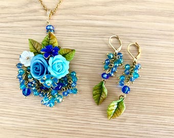 Crystal and cold porcelain flower set, blue crystal clusters