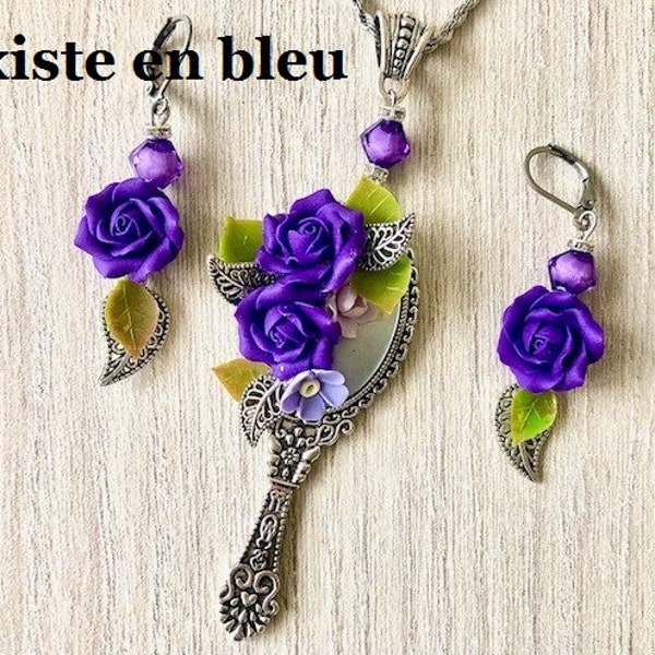 Pendentif miroir avec fleurs en porcelaine froide violet ou bleu, BO assorties