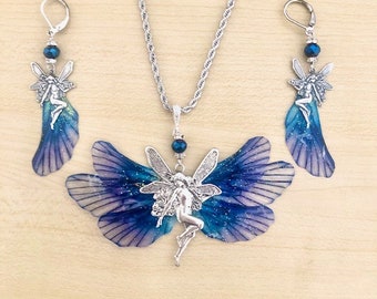 Parure féerique avec elfes art nouveau et ailes de fées bleues