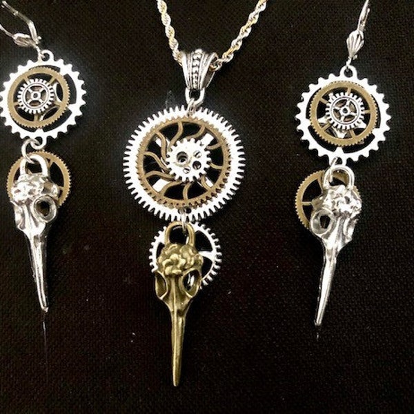 Collier ou Boucles d'oreilles steampunk avec rouages et crane