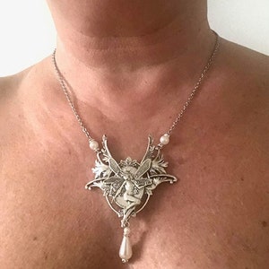 Silver art nouveau necklace, art nouveau elf, necklace with fairy image 3