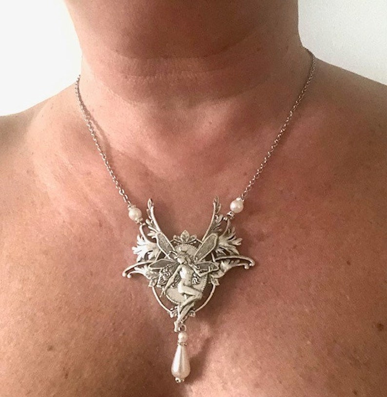 Silver art nouveau necklace, art nouveau elf, necklace with fairy image 3