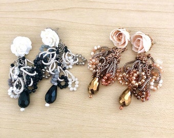Boucles longues avec fleurs et grappes de perles, acier inoxydable, 2 couleurs au choix