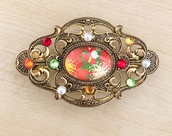 Barrette à cheveux avec cabochon fleurs et strass, barrette française à clip