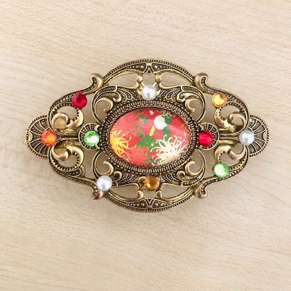 Barrette à cheveux avec cabochon fleurs et strass, barrette française à clip