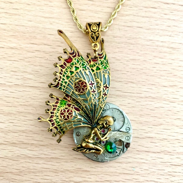 Steampunk necklace, elven necklace with watch movement and butterfly elf