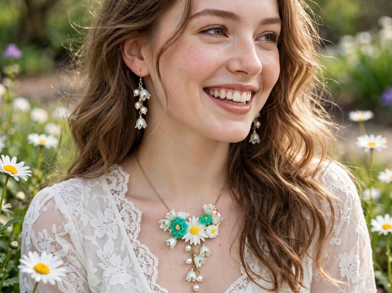 Lelietjes-van-de-dalen boeket set, bloemenketting, lente sieraden, bloemenketting afbeelding 3