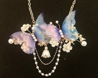 Collier papillons de soie, perles nacrées, idée cadeau romantique