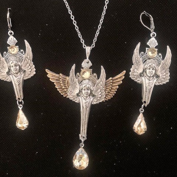 Parure ange de style victorien, bijoux avec anges et cristal champagne