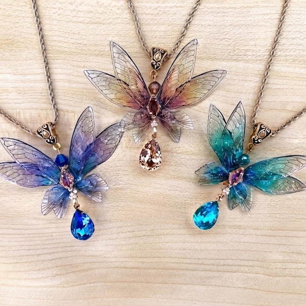 Butterfly necklace with fairy wings and crystal, transparent wing necklace, 3 colors to choose from
