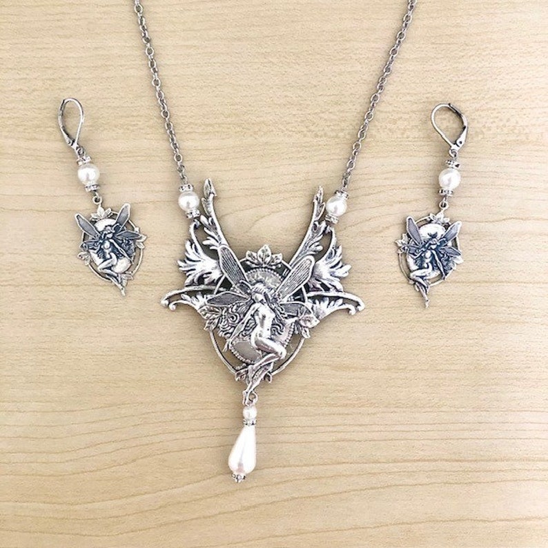 Silver art nouveau necklace, art nouveau elf, necklace with fairy Parure (set)